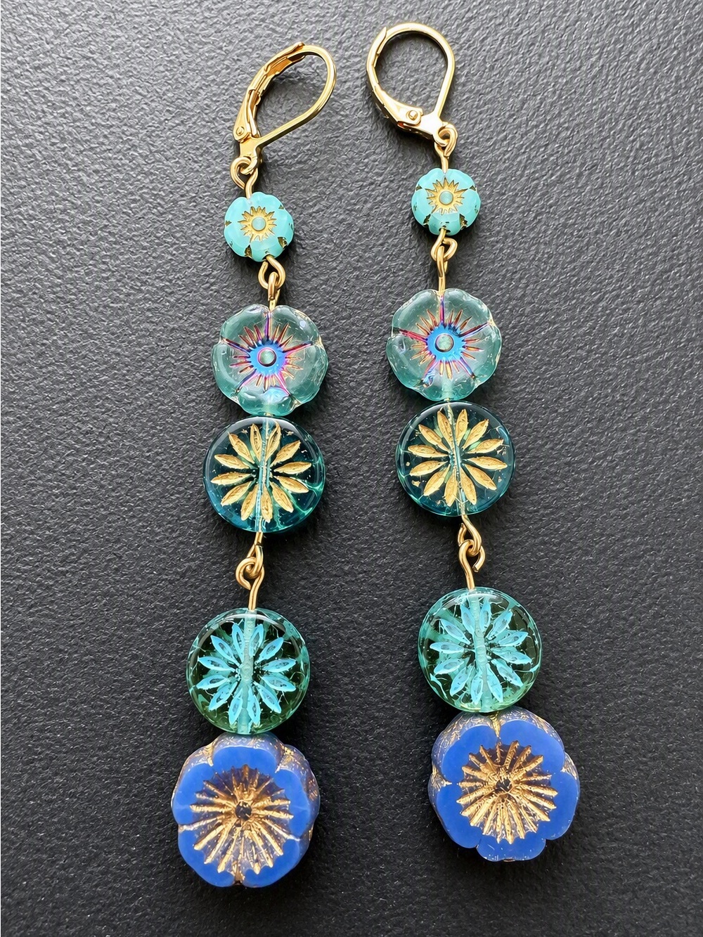 Handmade Boho Floral Czech Glass Dangle Earrings 3.25" Blue Teal Gold New